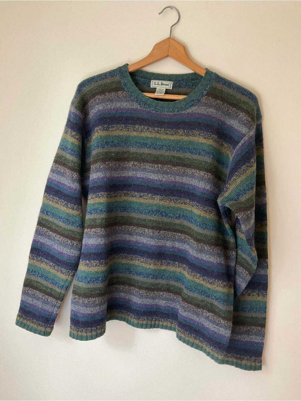 Vintage L.L. Bean Men's Striped Crewneck Sweater shetland wool Blue, Green, Gray